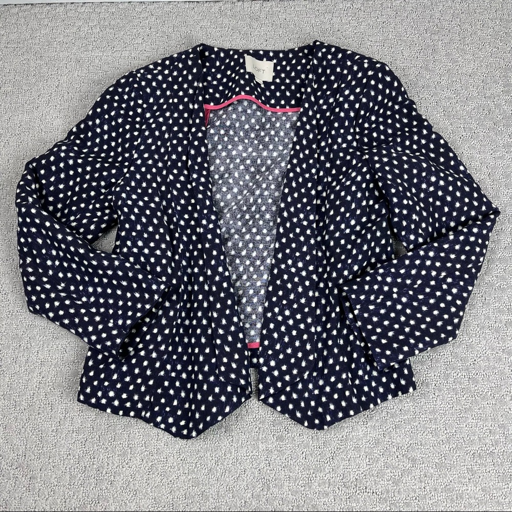 Ann Taylor loft Ikat dot print navy blue linen blazer jacket